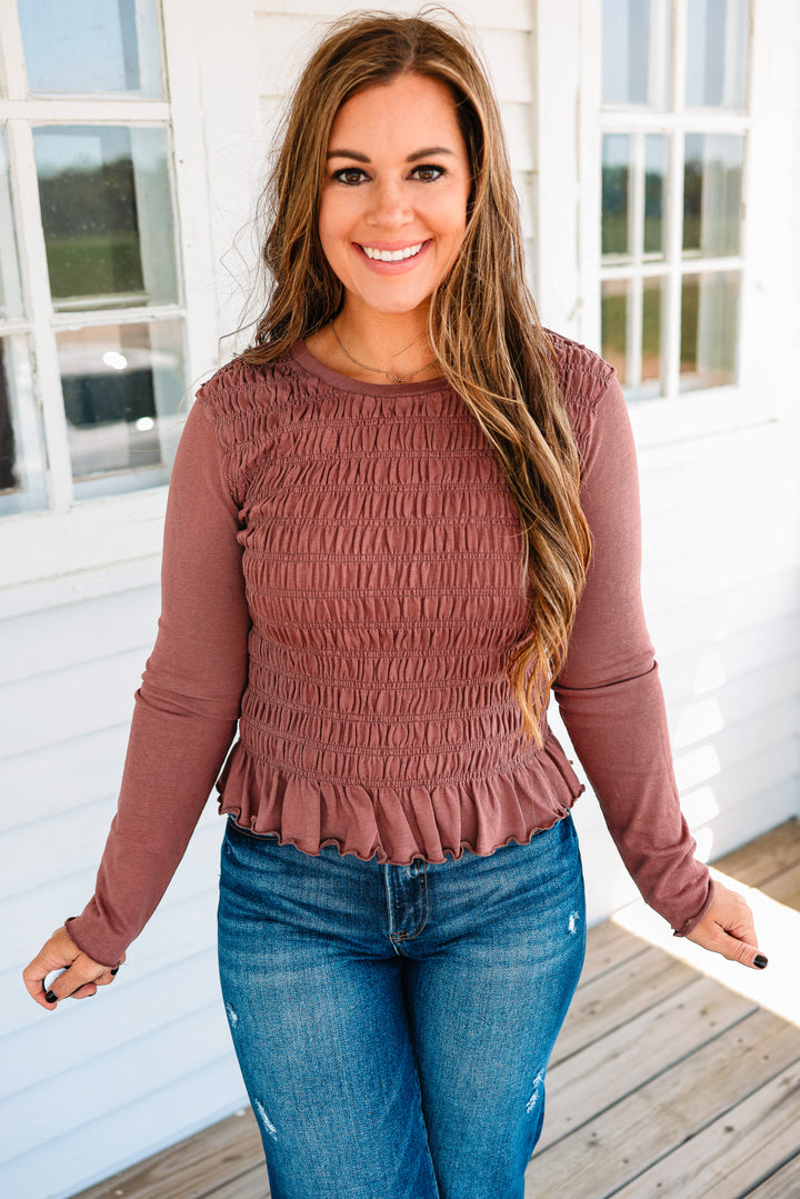 Aura Ruched Ruffle Hem Top - Dusted Cocoa