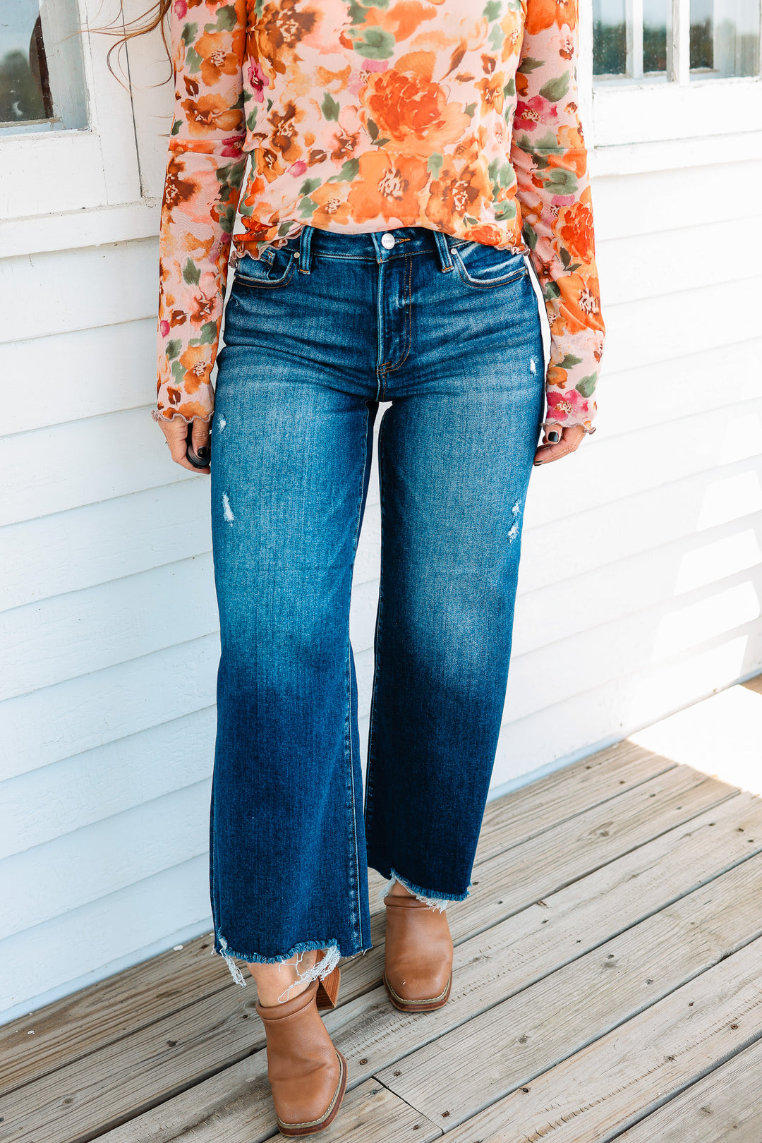 RISEN: Zane Crop Wide Leg Jeans - Dark Wash