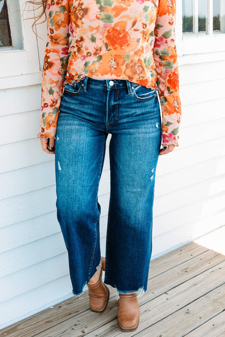 RISEN: Zane Crop Wide Leg Jeans - Dark Wash