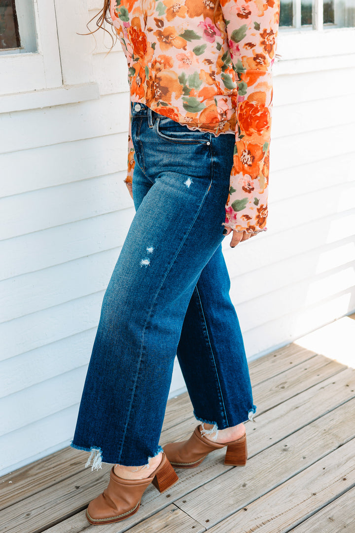 RISEN: Zane Crop Wide Leg Jeans - Dark Wash
