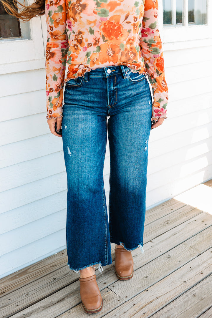 RISEN: Zane Crop Wide Leg Jeans - Dark Wash