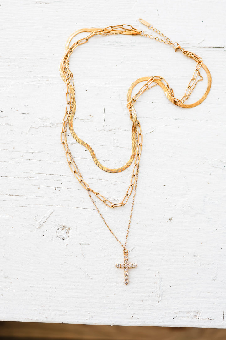 Rhinestone Cross Layered Pendant Necklace
