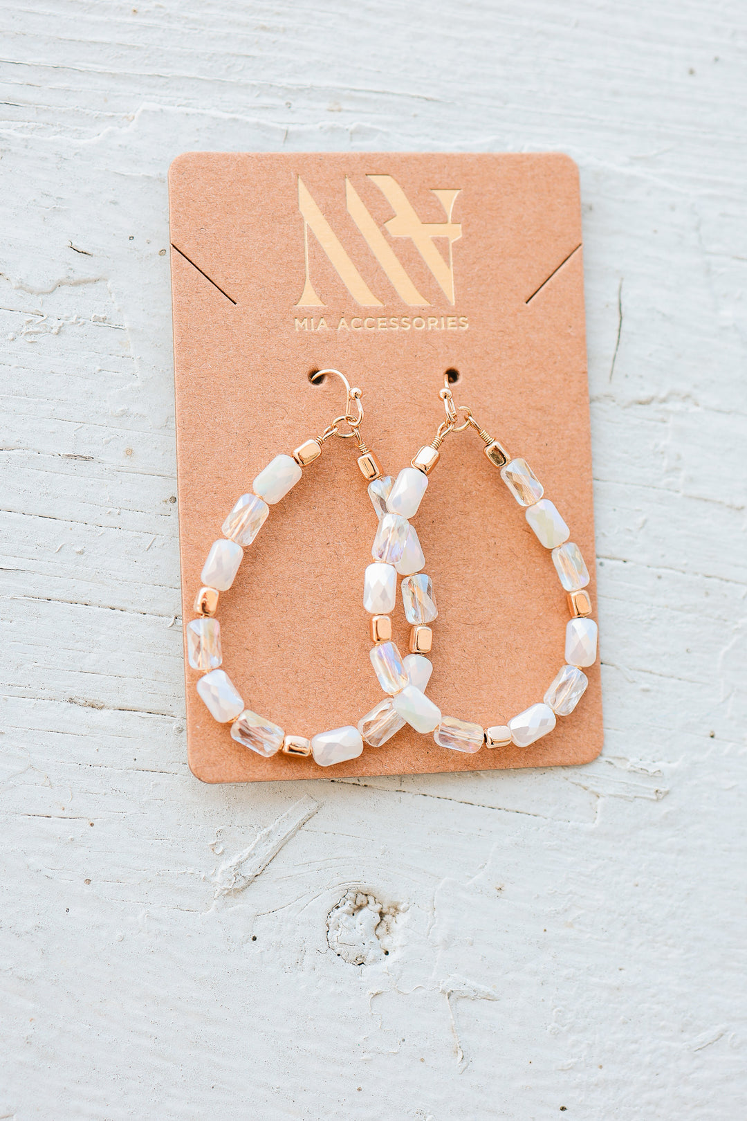 Teardrop Wire Beaded Glass Crystal Earrings - White
