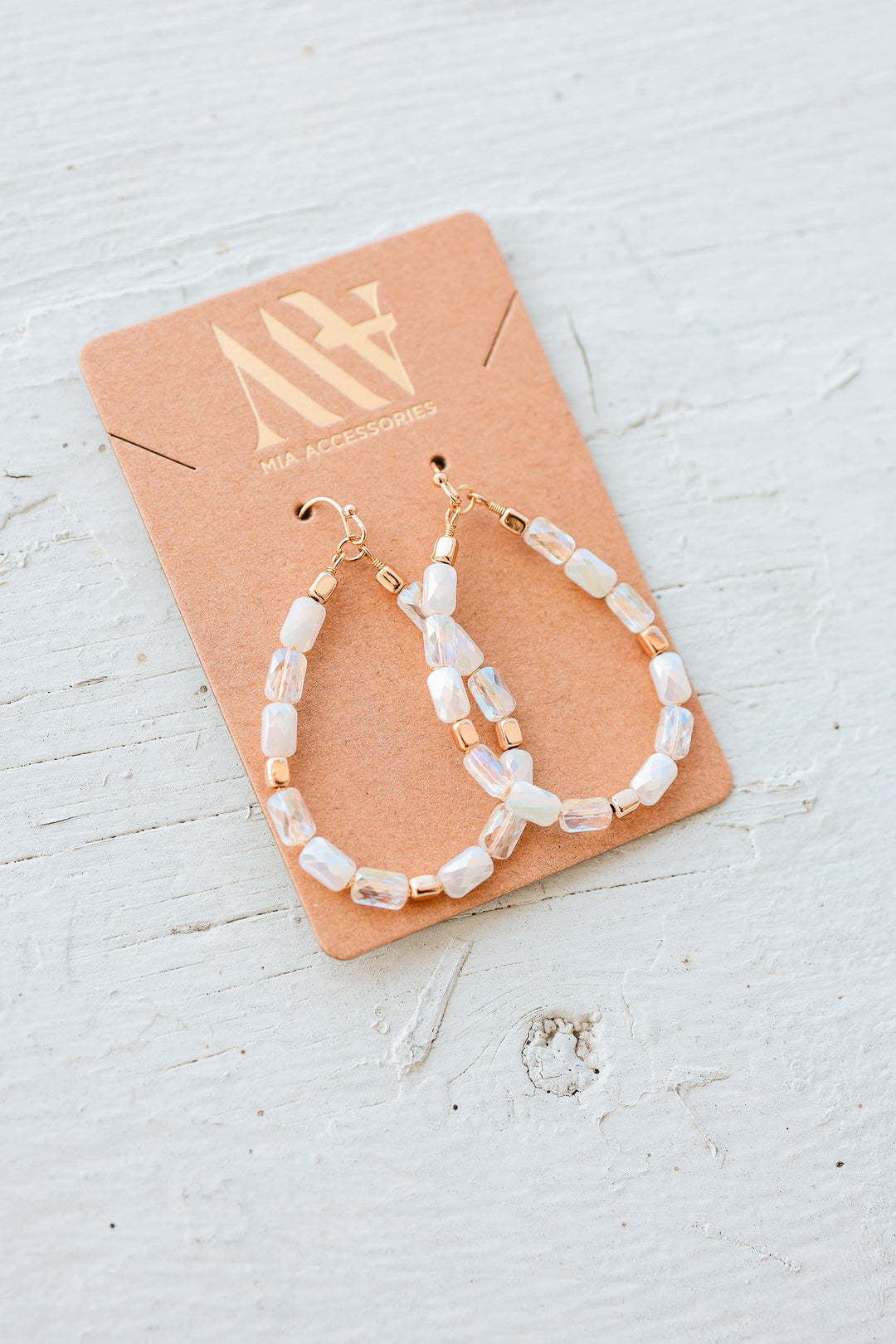 Teardrop Wire Beaded Glass Crystal Earrings - White