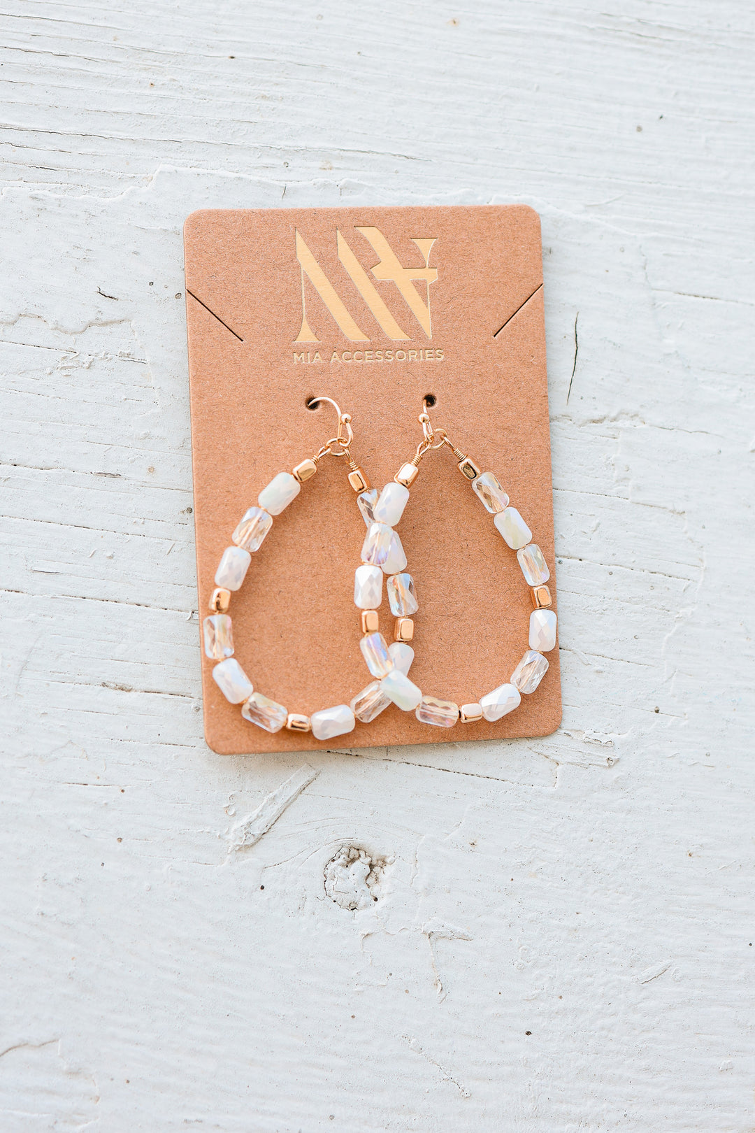 Teardrop Wire Beaded Glass Crystal Earrings - White