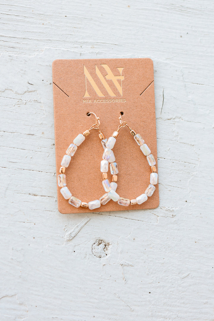 Teardrop Wire Beaded Glass Crystal Earrings - White