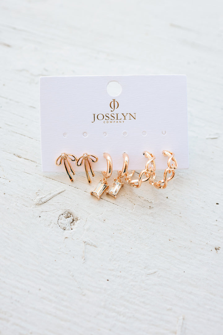 Baguette Stone Hoop, Bow Trio Earring Set