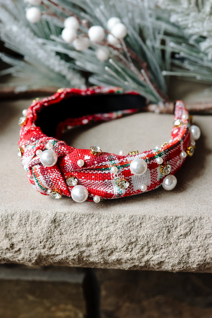 Plaid Pearl Beaded Wide Knotted Headband - Red