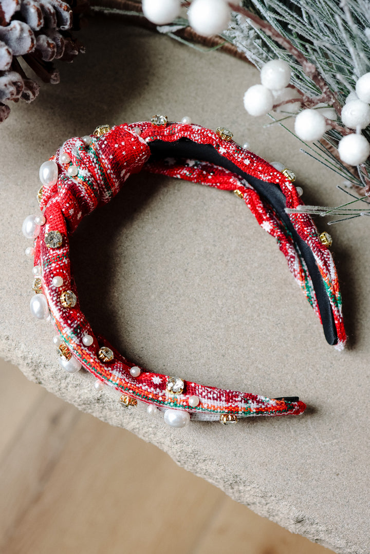 Plaid Pearl Beaded Wide Knotted Headband - Red