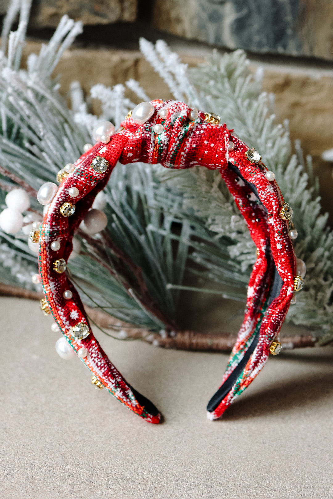 Plaid Pearl Beaded Wide Knotted Headband - Red