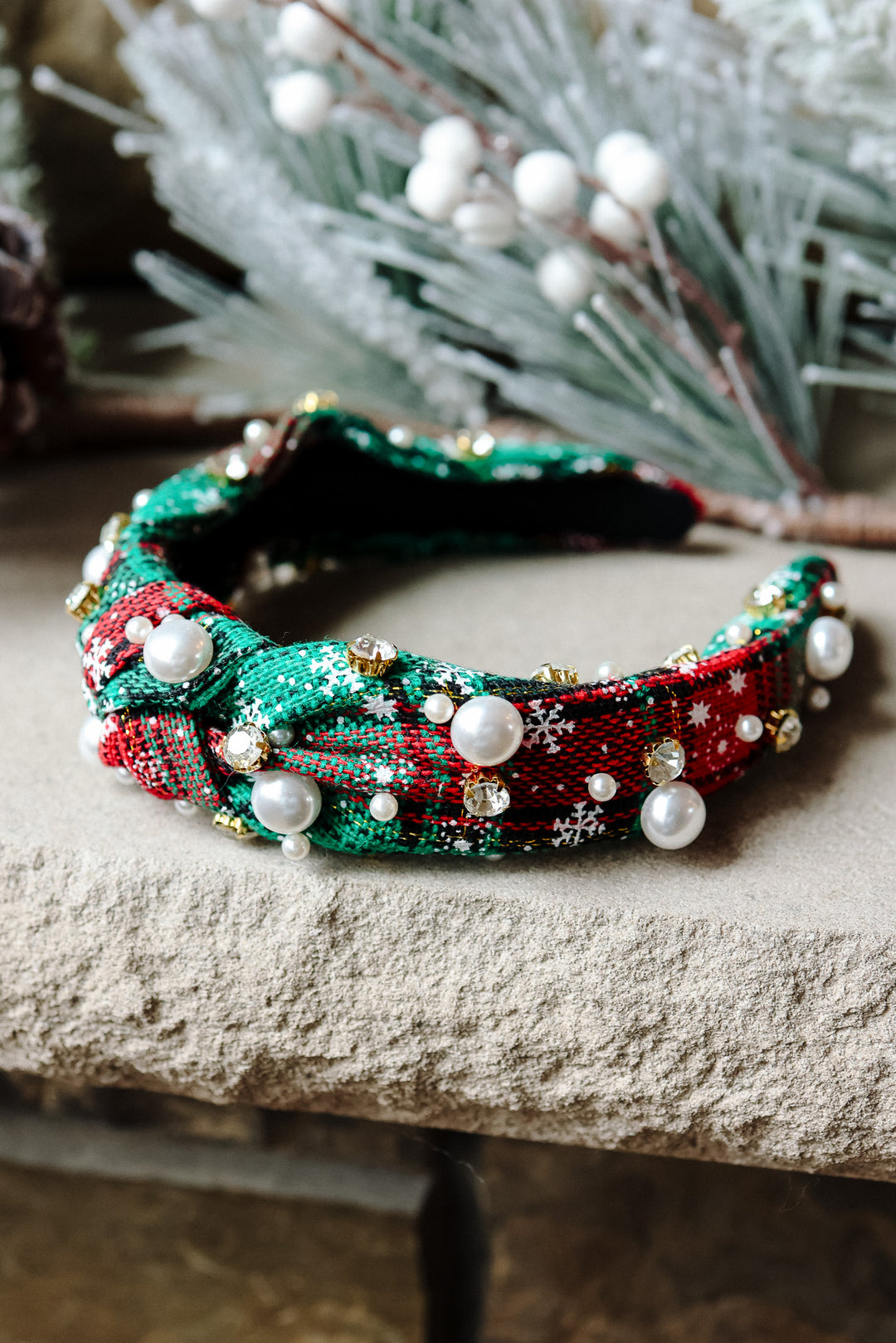 Plaid Pearl Beaded Wide Knotted Headband - Green