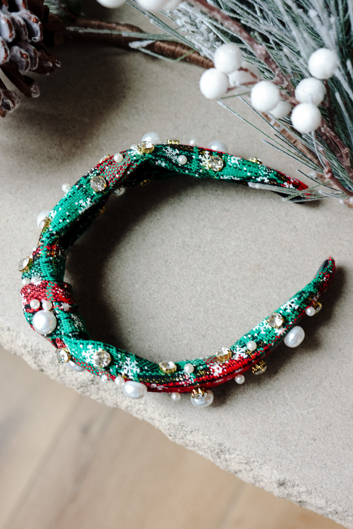 Plaid Pearl Beaded Wide Knotted Headband - Green