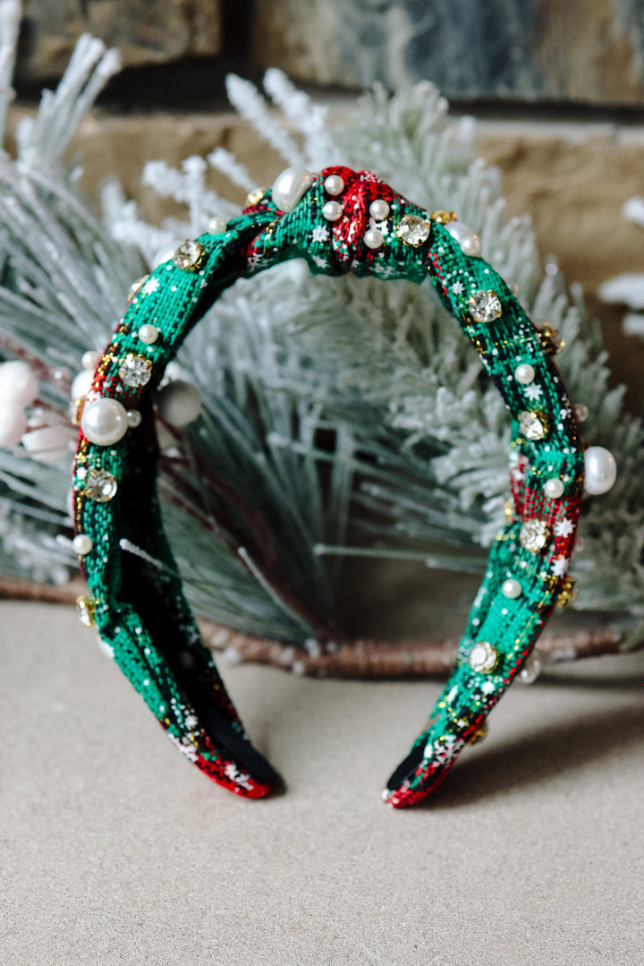 Plaid Pearl Beaded Wide Knotted Headband - Green
