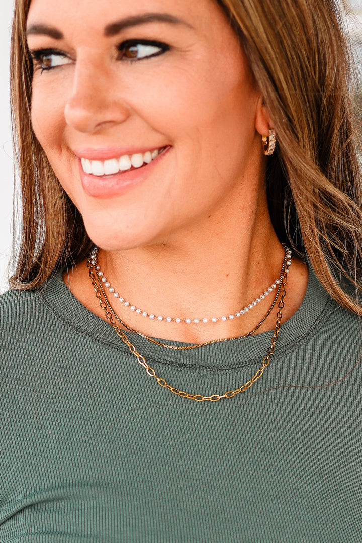 Pearl, Box, Link Chain Layered Necklace
