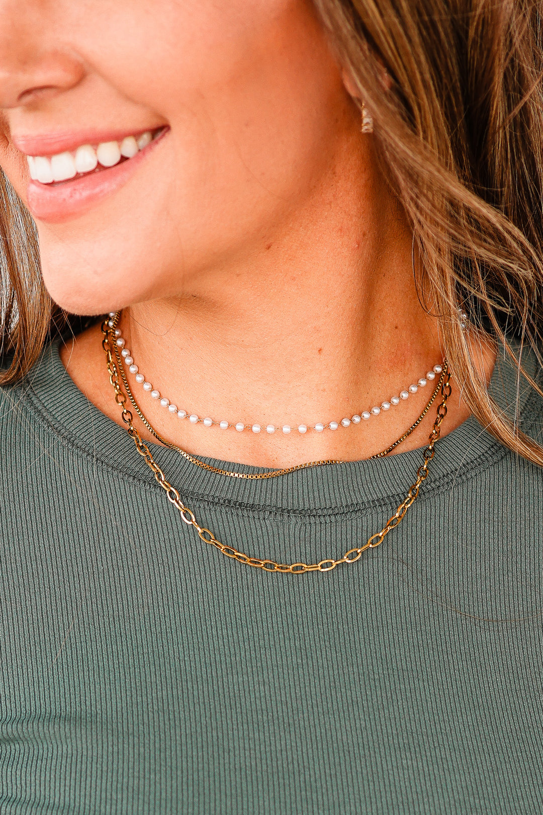 Pearl, Box, Link Chain Layered Necklace