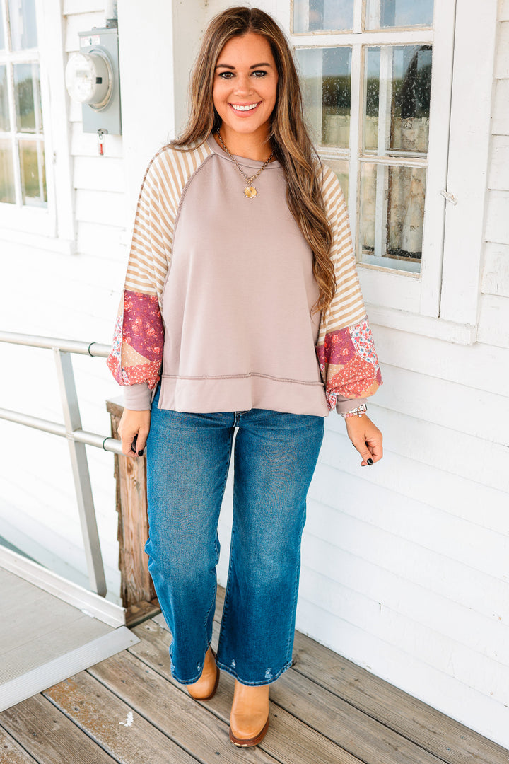 Stevie Raglan Pullover Top - Taupe/Rust