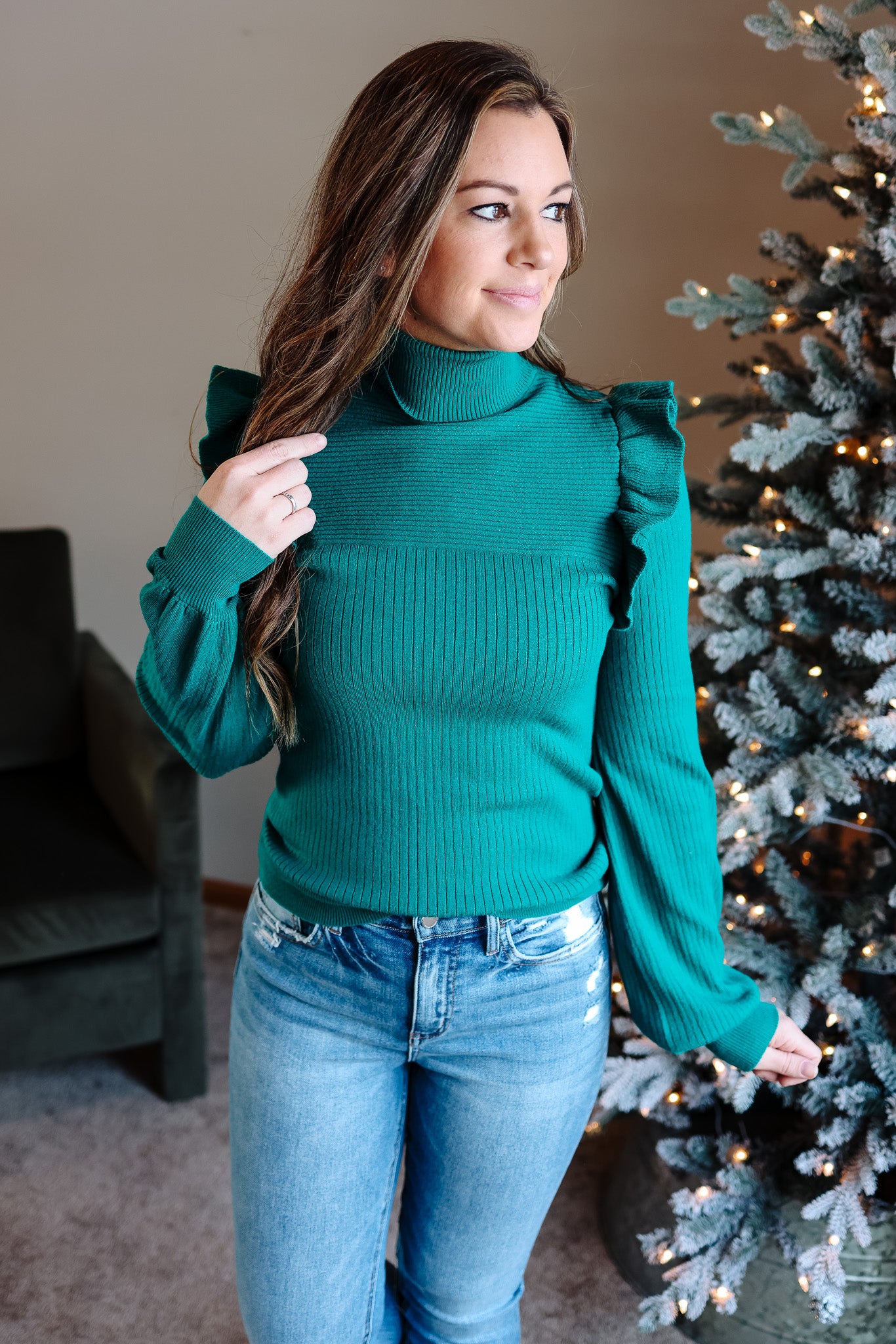 Vera Ruffled Shoulder Sweater - Alpine Green