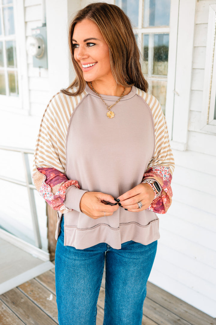 Stevie Raglan Pullover Top - Taupe/Rust