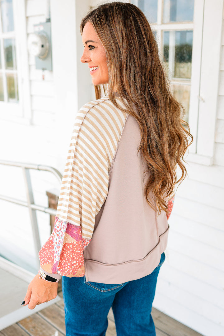 Stevie Raglan Pullover Top - Taupe/Rust
