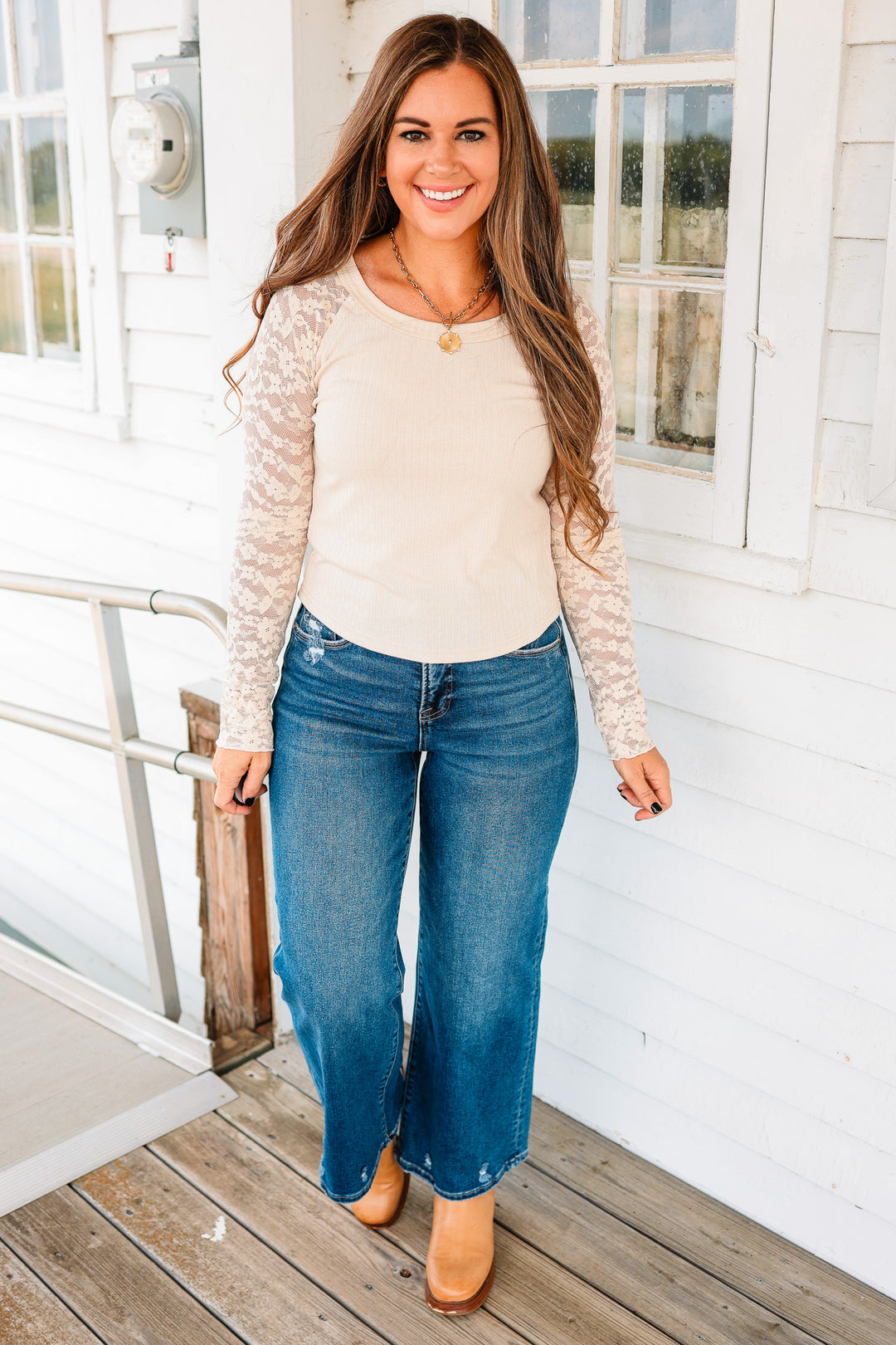 Merritt Lace Sleeve Rib Knit Top - Beige