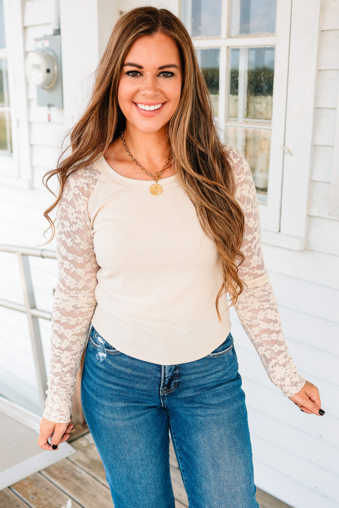 Merritt Lace Sleeve Rib Knit Top - Beige
