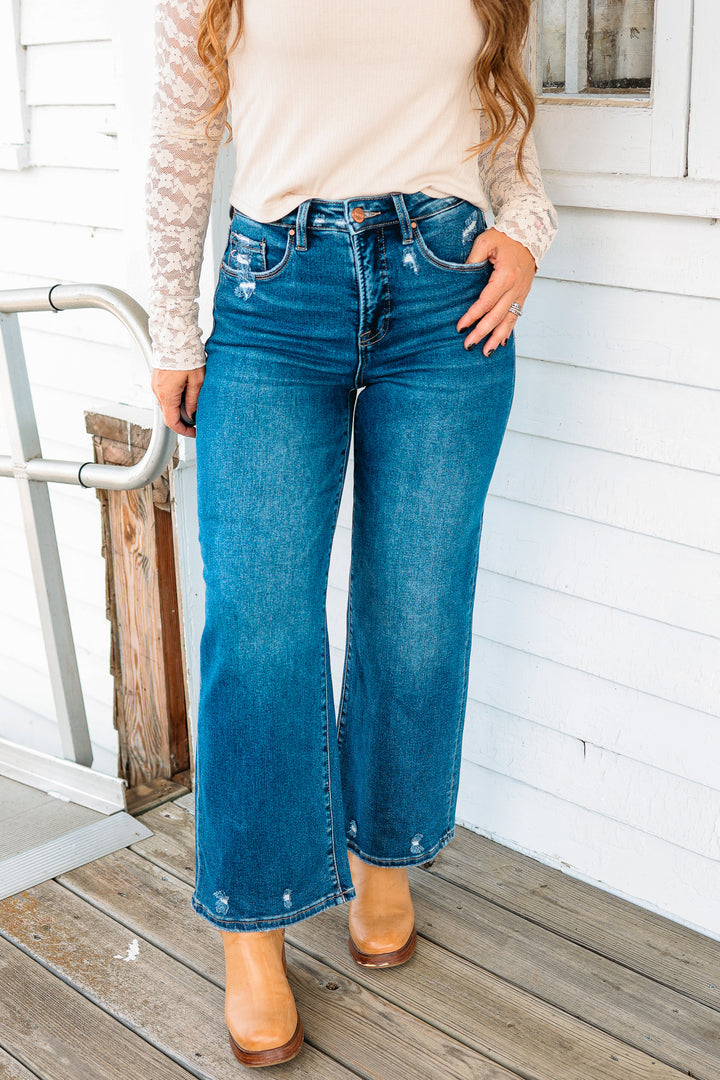 RISEN: Andi Tummy Control Crop Wide Jeans - Dark