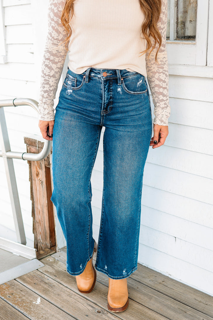 RISEN: Andi Tummy Control Crop Wide Jeans - Dark