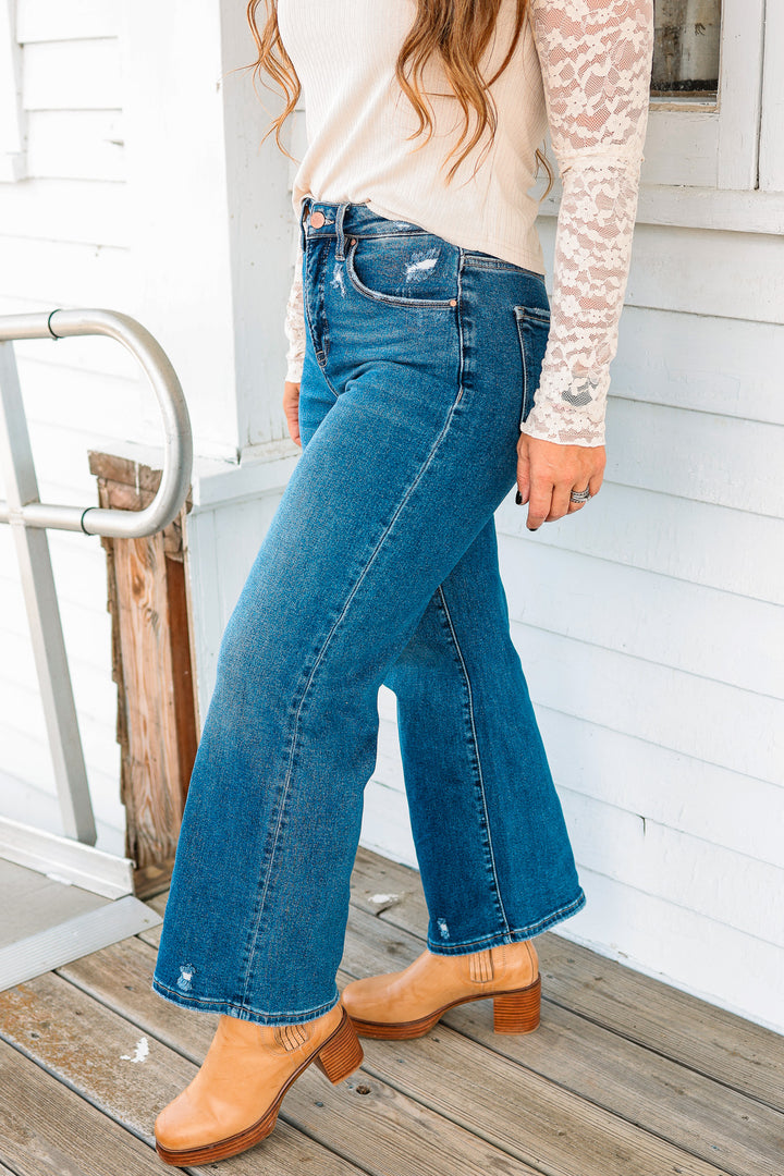 RISEN: Andi Tummy Control Crop Wide Jeans - Dark