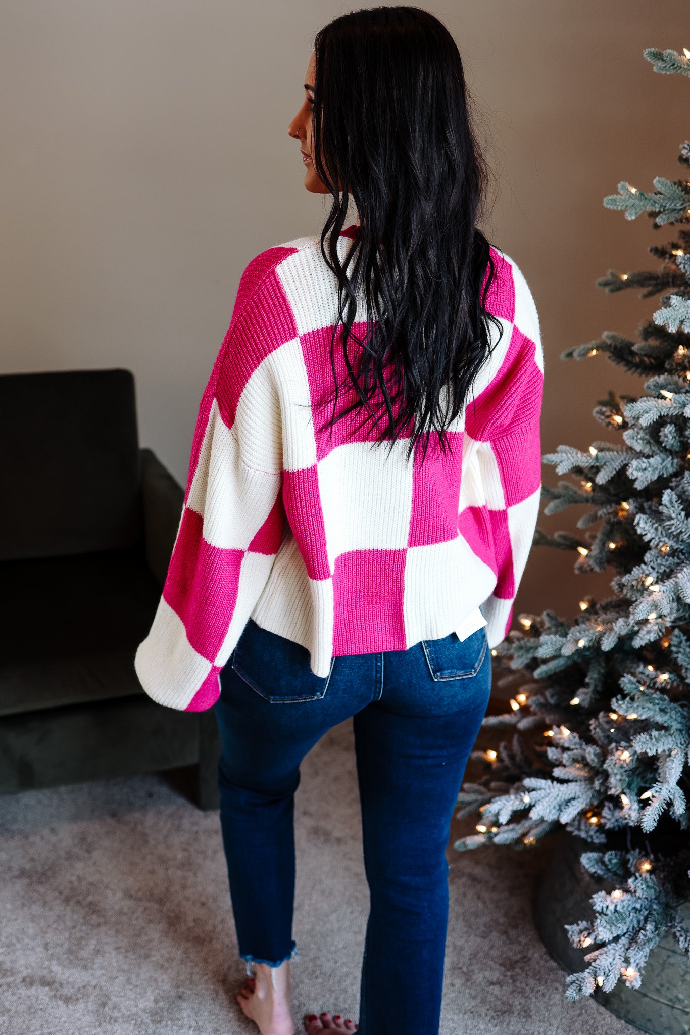 Lola Checkered Sweater - Hot Pink