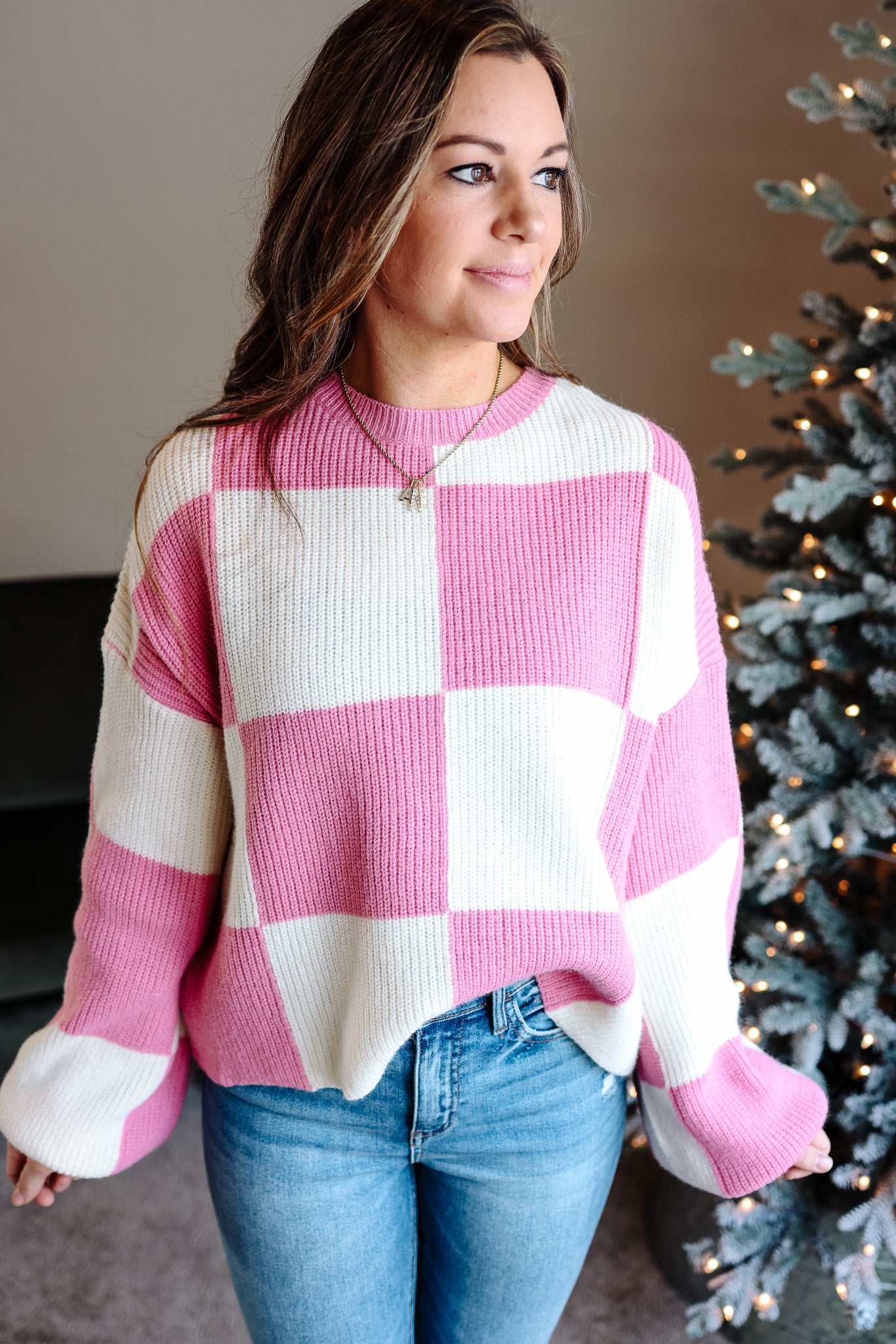 Lola Checkered Sweater - Cool Pink