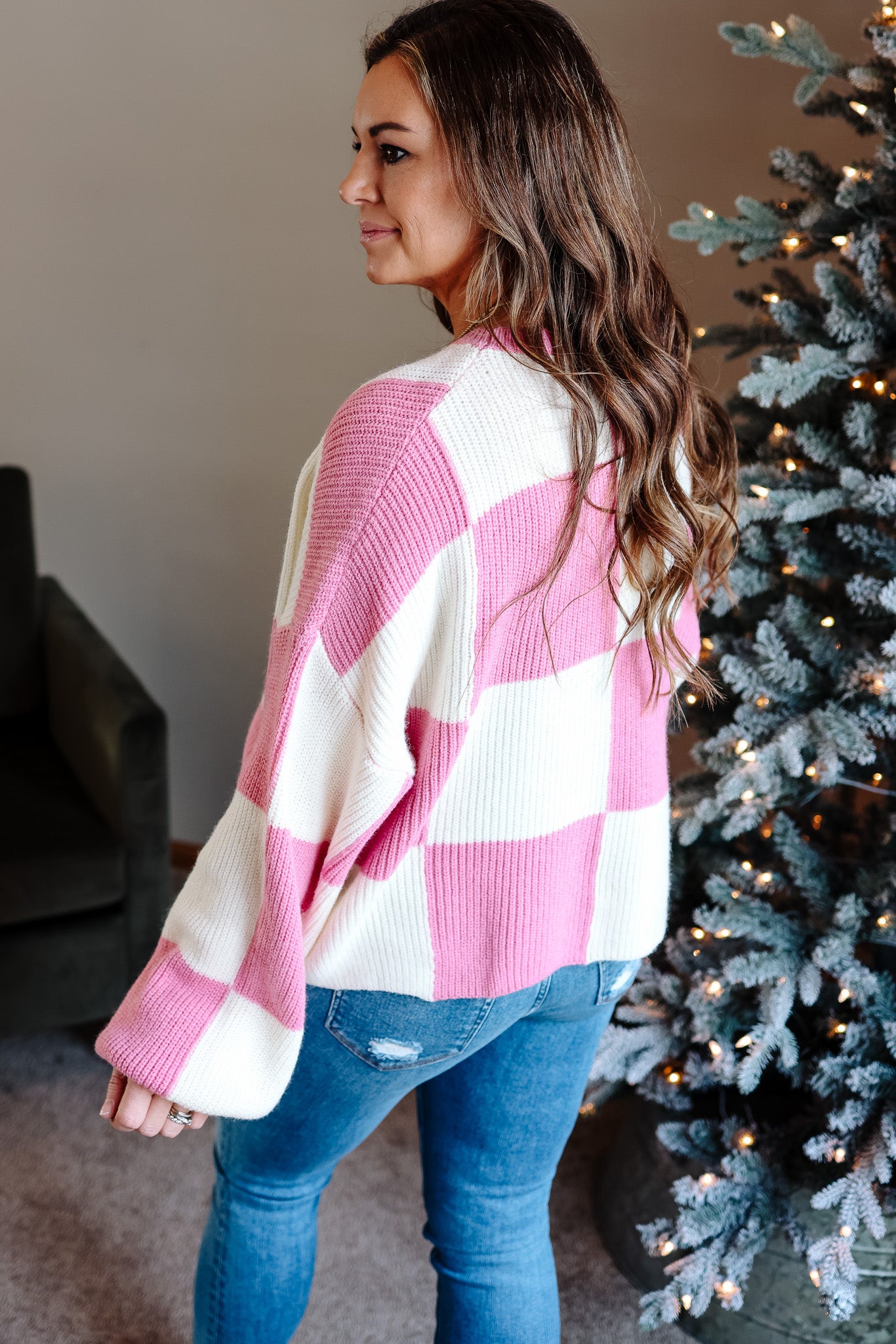 Lola Checkered Sweater - Cool Pink