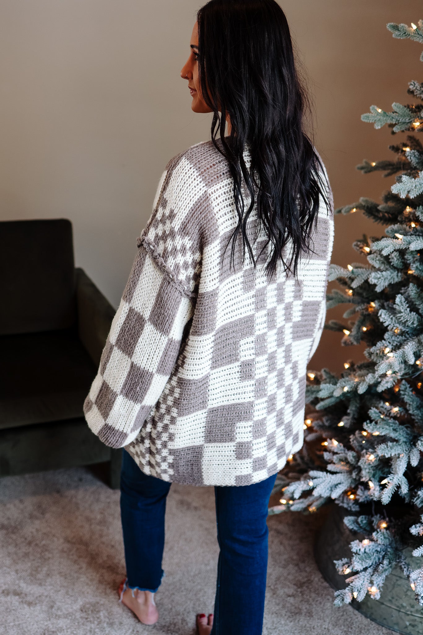 Indy Checkered Chunky Knit Cardigan - Mocha Brown