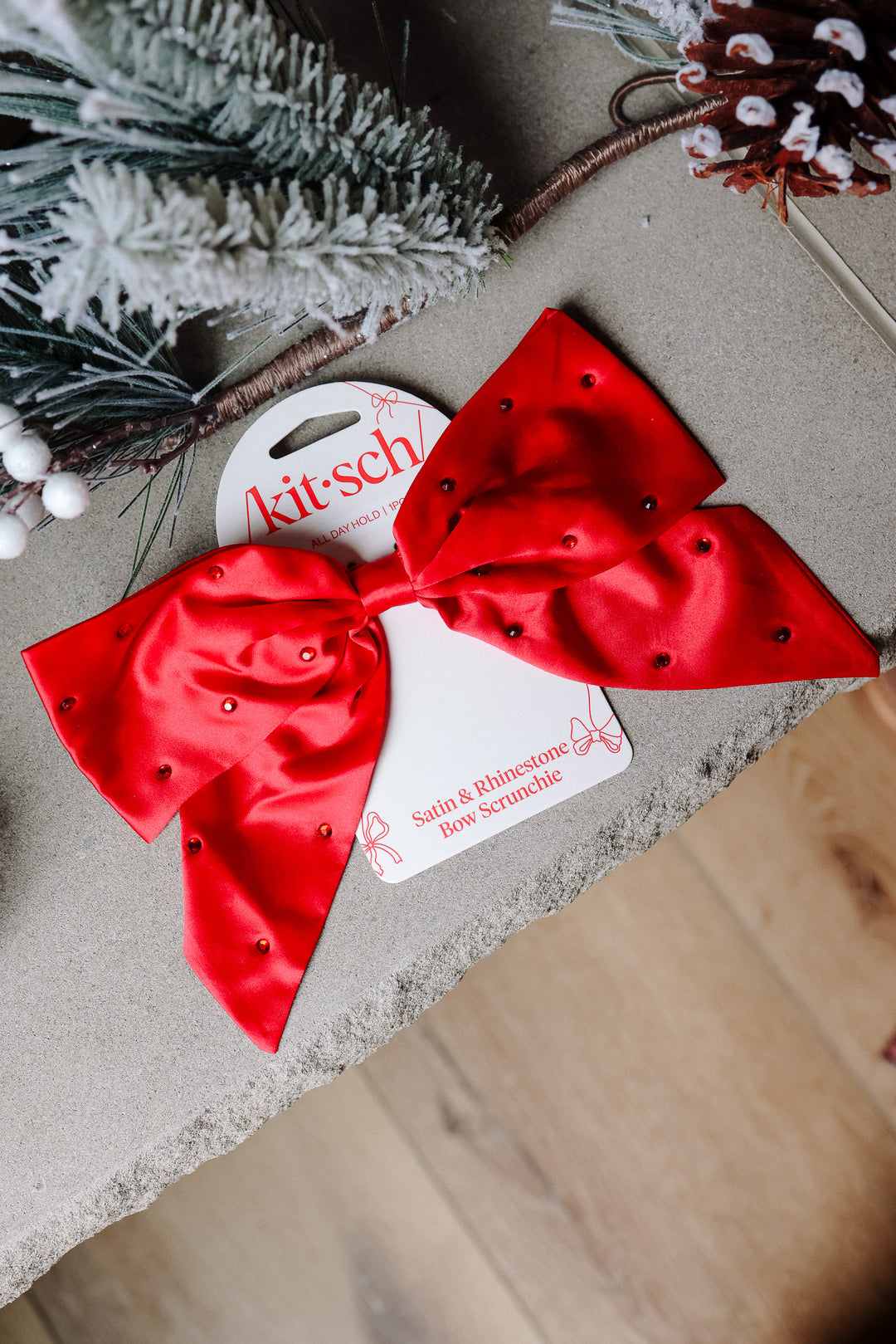 Holiday Satin & Rhinestone Bow Scrunchie