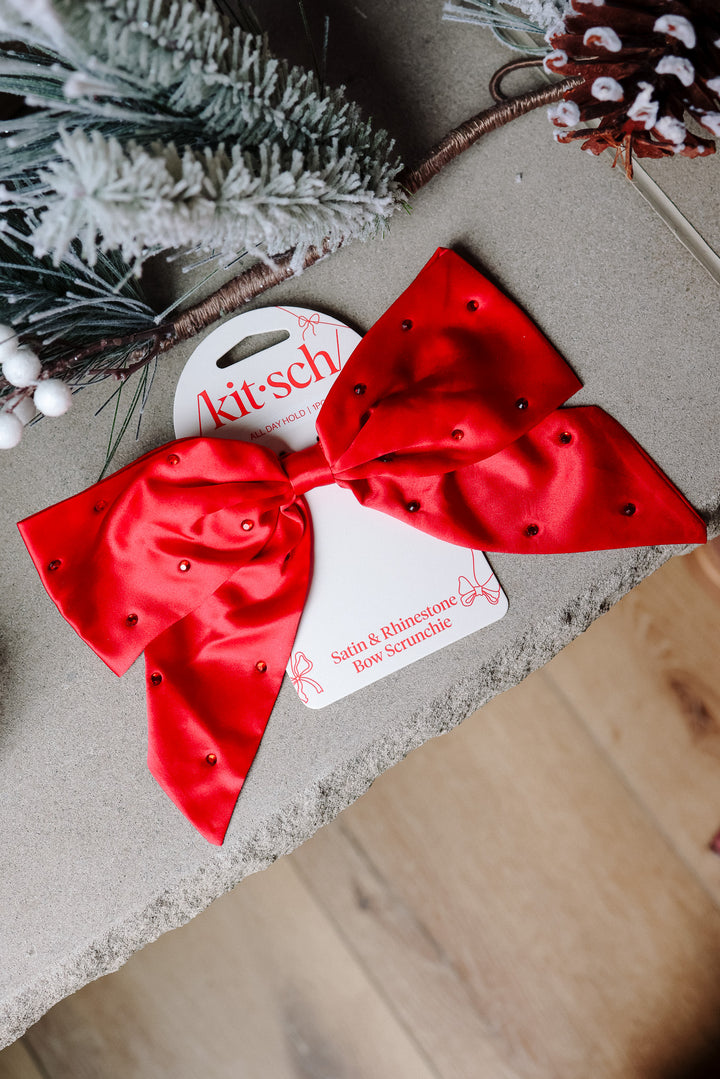 Holiday Satin & Rhinestone Bow Scrunchie