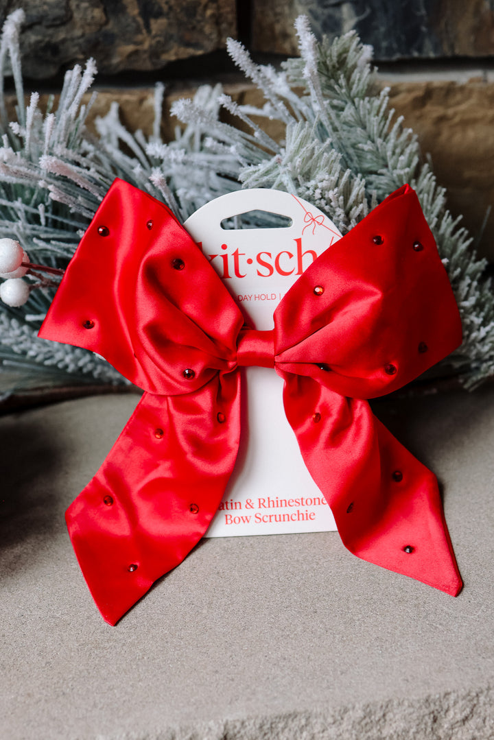 Holiday Satin & Rhinestone Bow Scrunchie