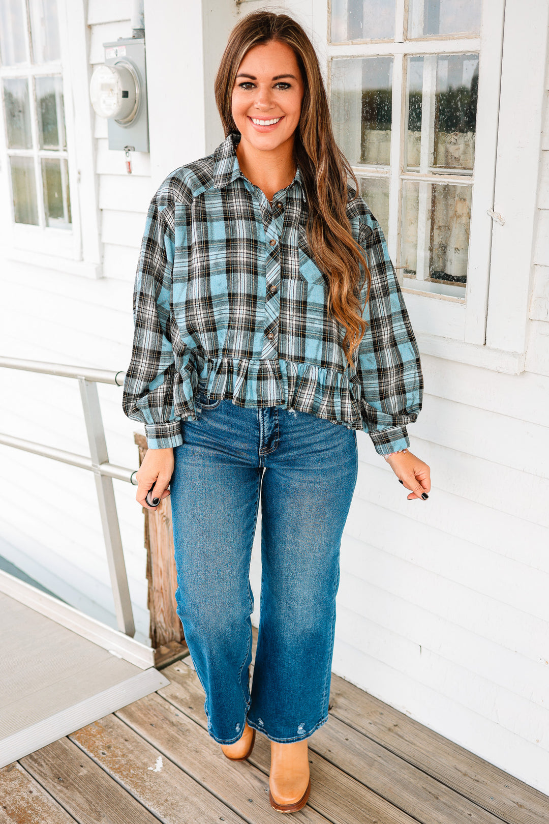Aubri Frill and Checkers Button Down Shirt - Blue