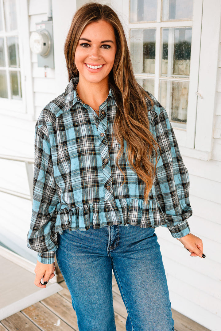 Aubri Frill and Checkers Button Down Shirt - Blue