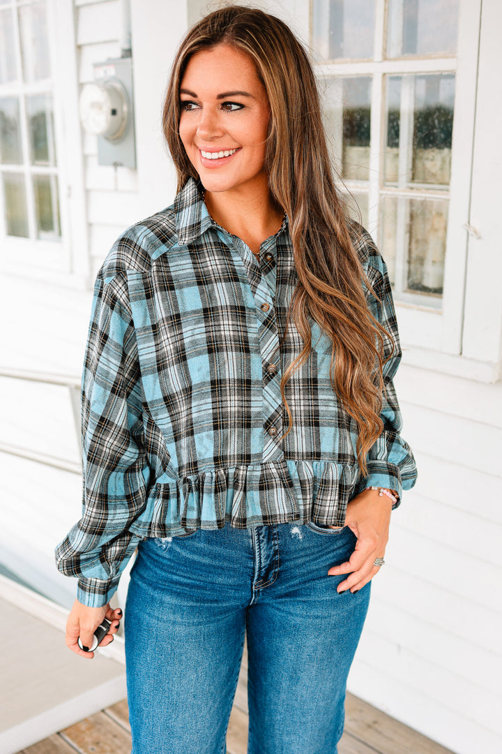 Aubri Frill and Checkers Button Down Shirt - Blue