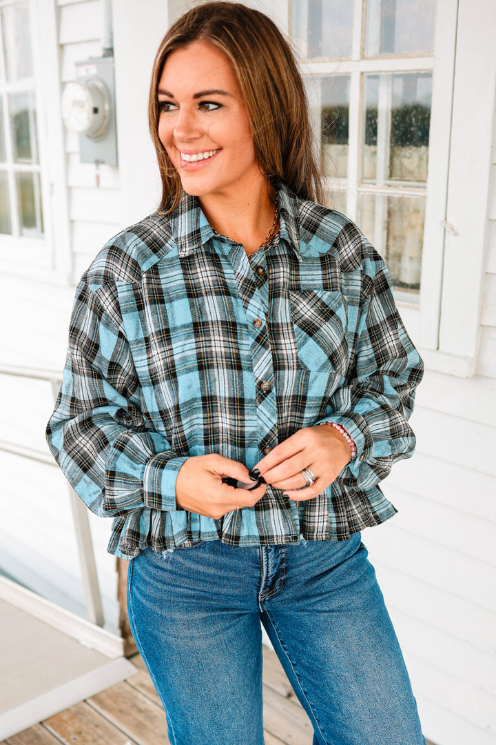 Aubri Frill and Checkers Button Down Shirt - Blue