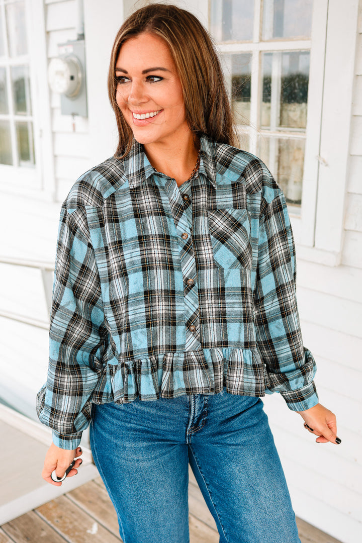 Aubri Frill and Checkers Button Down Shirt - Blue