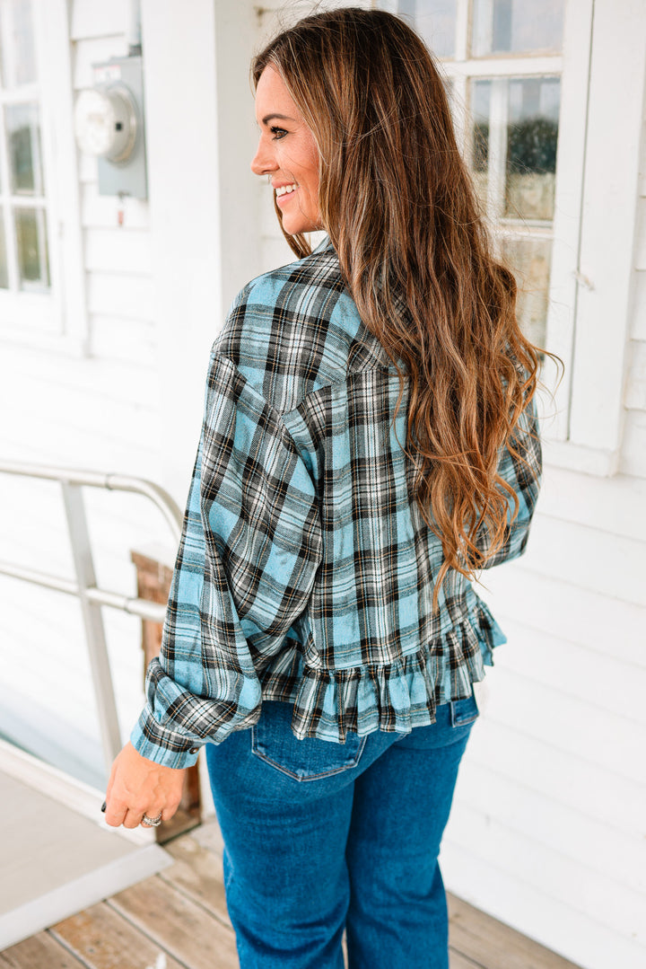 Aubri Frill and Checkers Button Down Shirt - Blue