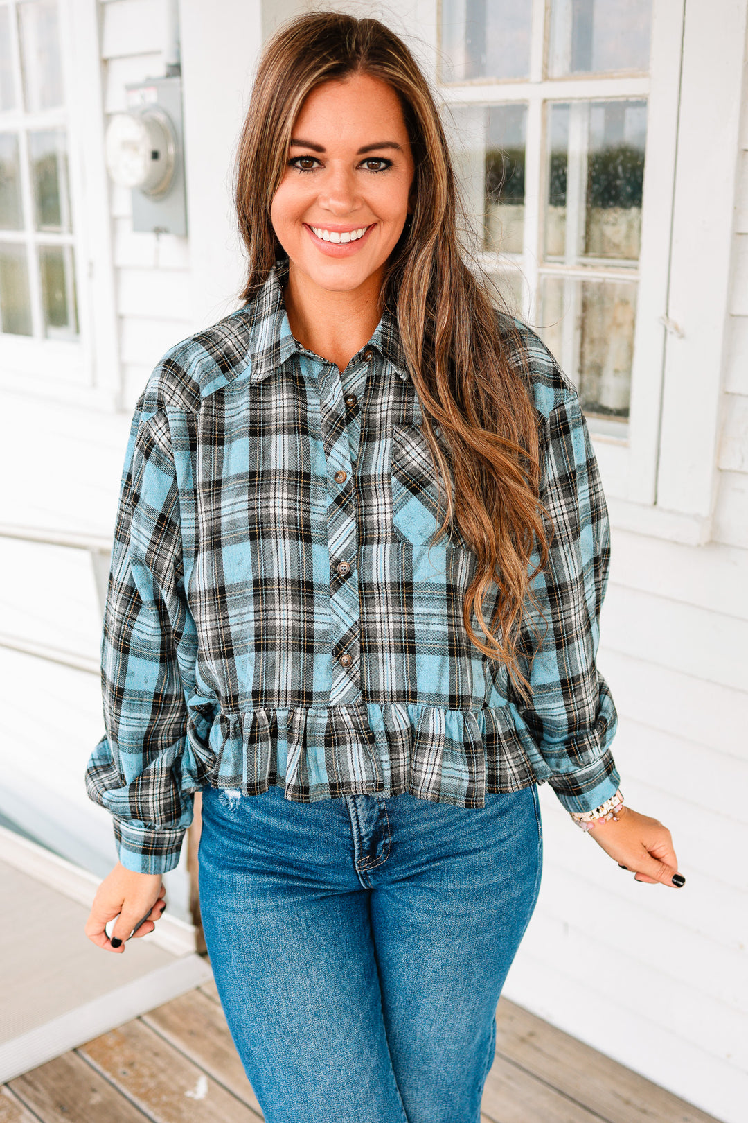 Aubri Frill and Checkers Button Down Shirt - Blue