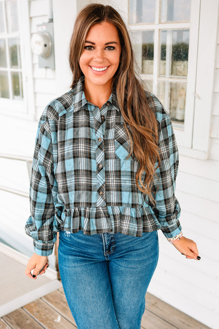 Aubri Frill and Checkers Button Down Shirt - Blue