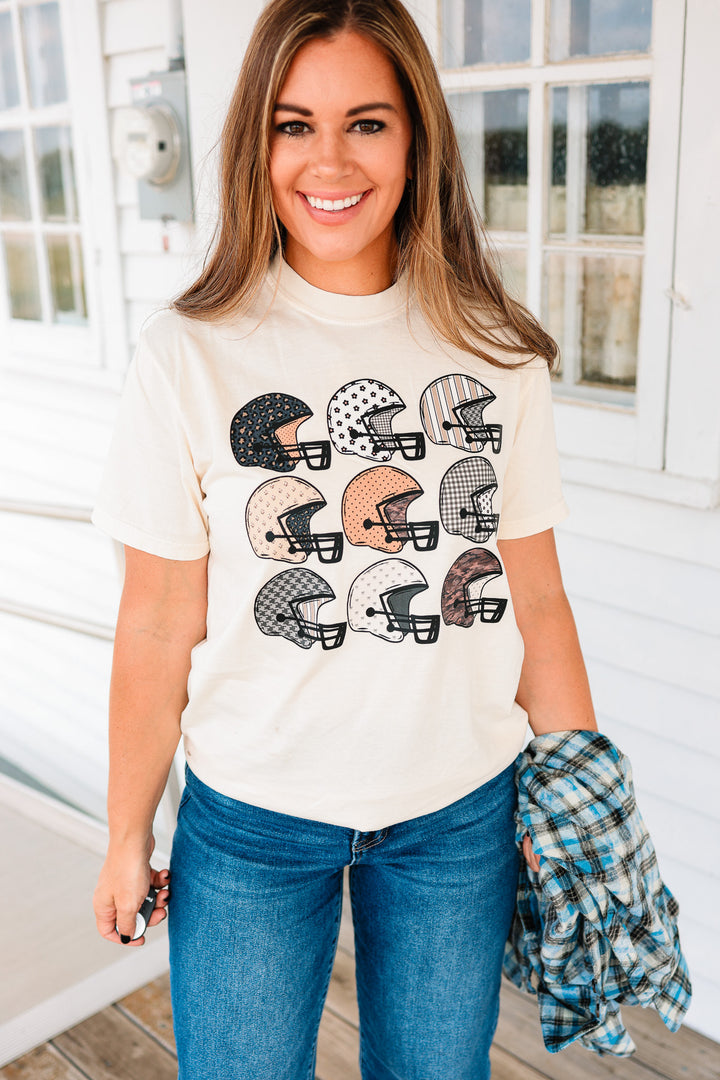 Trendy Pattern Helmets Graphic Tee - Ivory