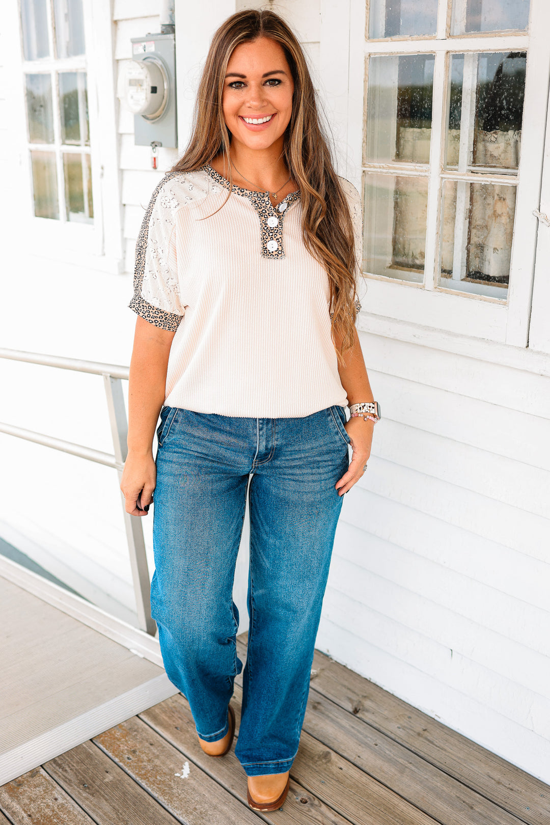 Ellis Leopard Lace Henley Top