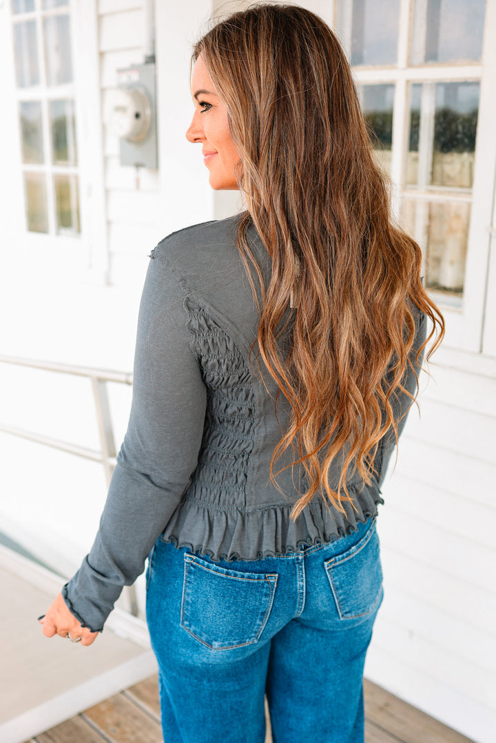 Aura Ruched Ruffle Hem Top - Forest Sage