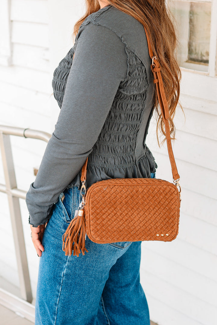 Suede Woven Willow Camera Crossbody Bag - Camel