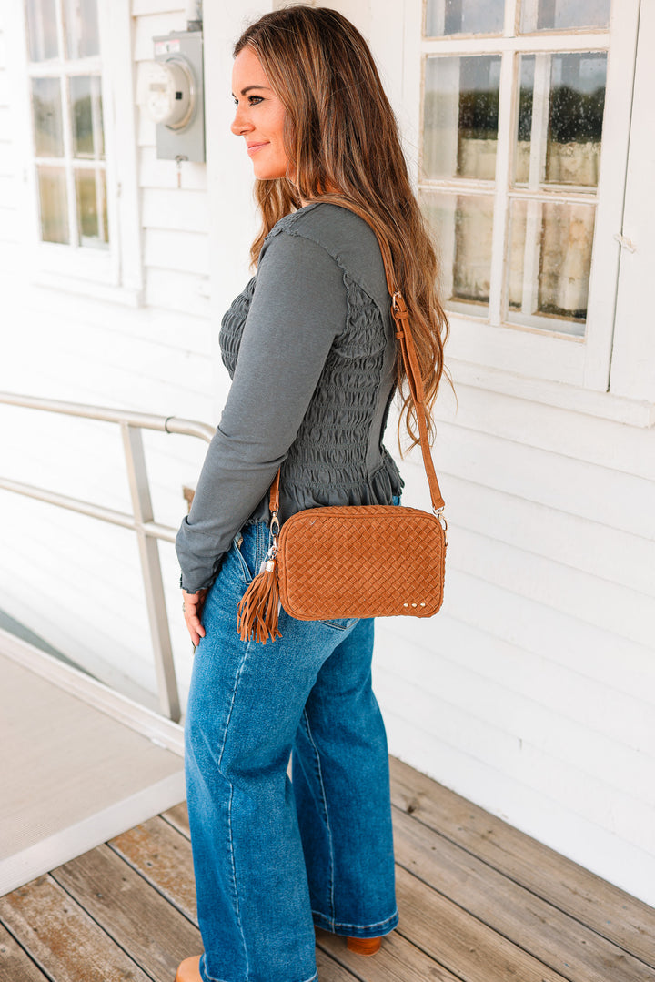 Suede Woven Willow Camera Crossbody Bag - Camel