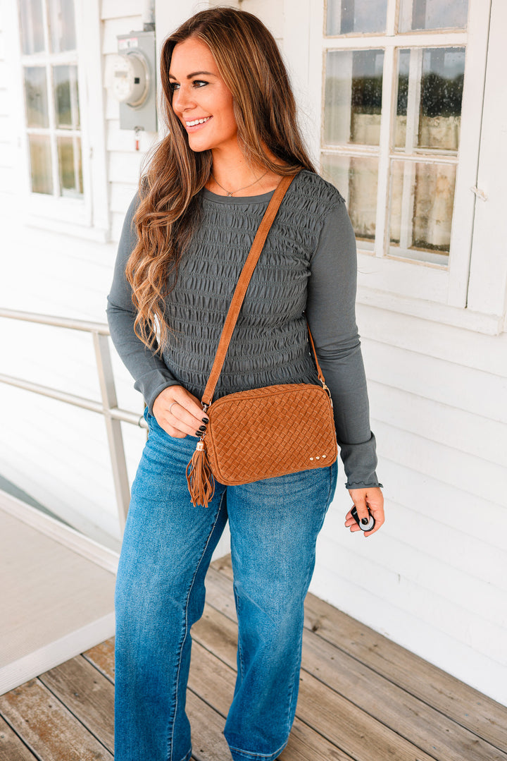 Suede Woven Willow Camera Crossbody Bag - Camel