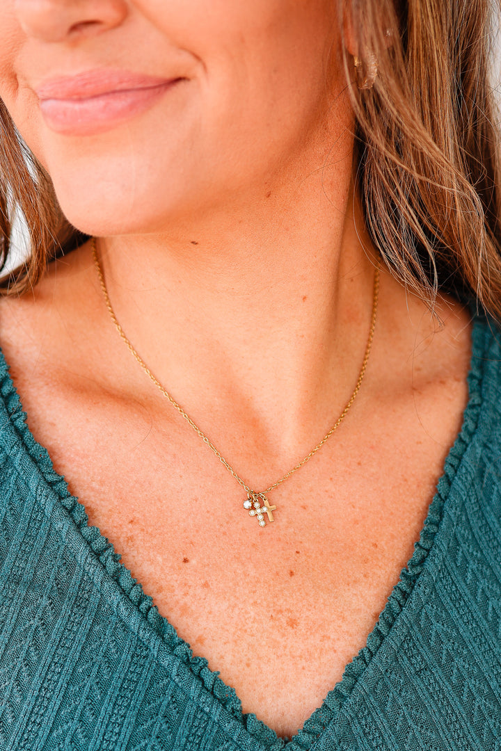 Petite Double Cross Necklace - Gold